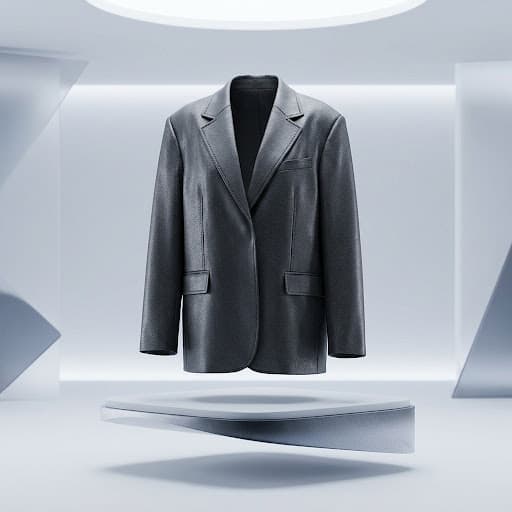 A premium 3D product render of a modern, minimalist women's oversized blazer in a neutral charcoal grey, high-end fashion manufacturing aesthetic, clean studio background, soft cinematic lighting, stylized 3D look. High-fashion trend.