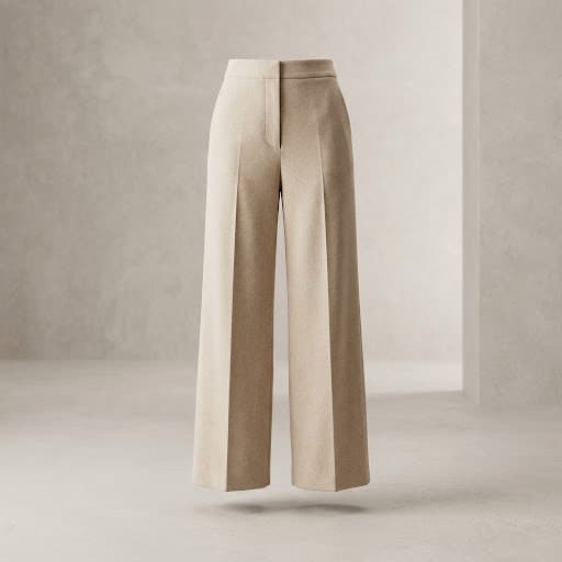 A premium 3D product render of a contemporary women's wide-leg tailored trouser in a soft oatmeal beige, minimalist high-fashion manufacturing aesthetic, clean studio background, soft lighting, stylized 3D look.